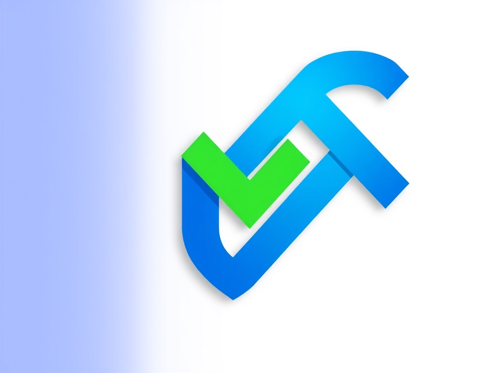 A minimalist geometric logo mark: a stylized letter 'U' formed by two overlapping checkmarks, blue and green gradient, with a subtle drop shadow. Clean, isolated on white. Photorealistic, 8k, commercial photography style.