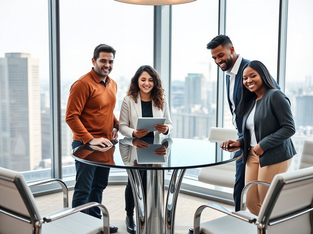 A diverse team of four people (two men, two women) standing around a round glass table in a modern boardroom, collaborating on a tablet. The room has floor-to-ceiling windows with cityscape view, chrome and white furniture. Natural lighting, smiling and confident expressions, dynamic composition. Photorealistic, 8k, commercial photography style.